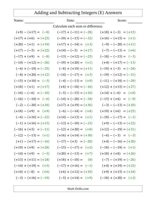 The Adding and Subtracting Mixed Integers from -20 to 20 (75 Questions; All Parentheses) (E) Math Worksheet Page 2