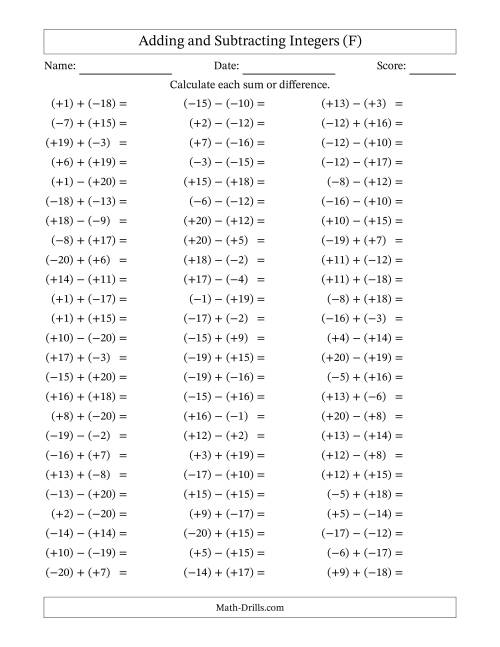 The Adding and Subtracting Mixed Integers from -20 to 20 (75 Questions; All Parentheses) (F) Math Worksheet