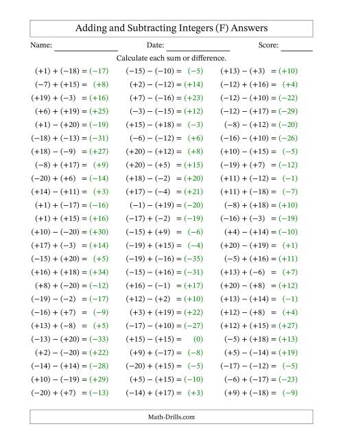 The Adding and Subtracting Mixed Integers from -20 to 20 (75 Questions; All Parentheses) (F) Math Worksheet Page 2