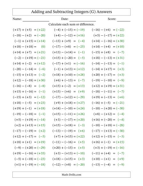 The Adding and Subtracting Mixed Integers from -20 to 20 (75 Questions; All Parentheses) (G) Math Worksheet Page 2
