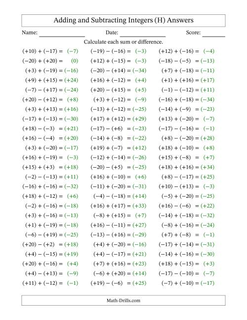The Adding and Subtracting Mixed Integers from -20 to 20 (75 Questions; All Parentheses) (H) Math Worksheet Page 2