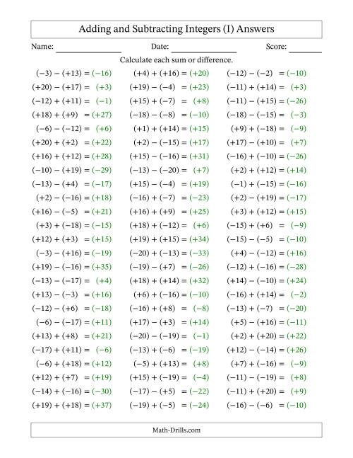 The Adding and Subtracting Mixed Integers from -20 to 20 (75 Questions; All Parentheses) (I) Math Worksheet Page 2