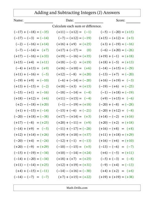 The Adding and Subtracting Mixed Integers from -20 to 20 (75 Questions; All Parentheses) (J) Math Worksheet Page 2