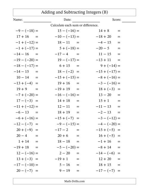 The Adding and Subtracting Mixed Integers from -20 to 20 (75 Questions) (B) Math Worksheet