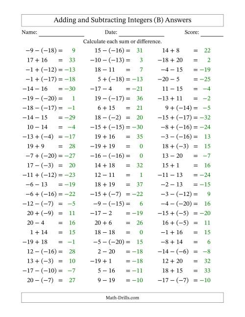 The Adding and Subtracting Mixed Integers from -20 to 20 (75 Questions) (B) Math Worksheet Page 2