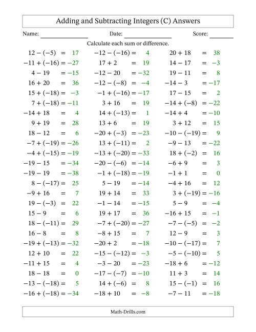 The Adding and Subtracting Mixed Integers from -20 to 20 (75 Questions) (C) Math Worksheet Page 2