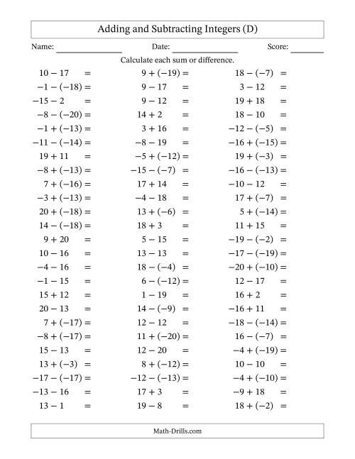 The Adding and Subtracting Mixed Integers from -20 to 20 (75 Questions) (D) Math Worksheet