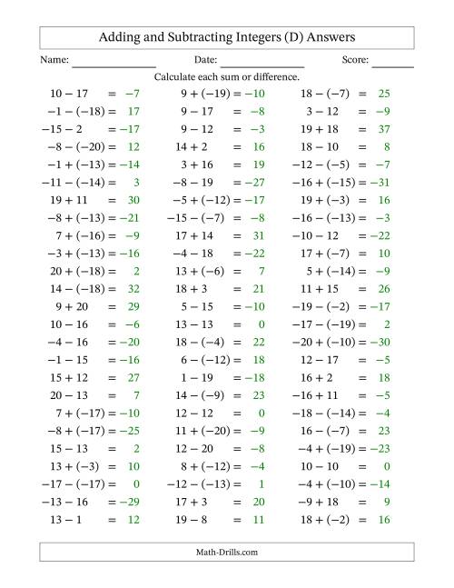 The Adding and Subtracting Mixed Integers from -20 to 20 (75 Questions) (D) Math Worksheet Page 2