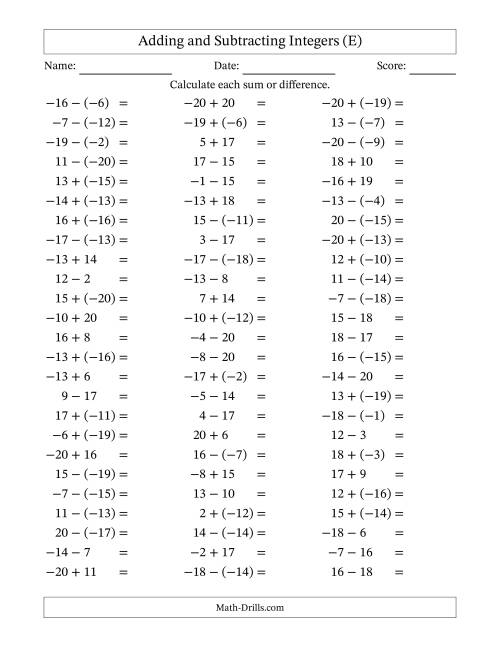 The Adding and Subtracting Mixed Integers from -20 to 20 (75 Questions) (E) Math Worksheet