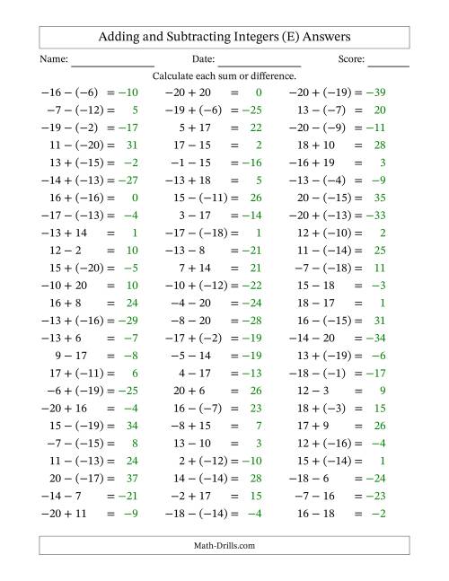The Adding and Subtracting Mixed Integers from -20 to 20 (75 Questions) (E) Math Worksheet Page 2