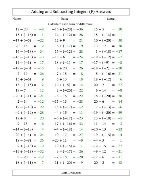 The Adding and Subtracting Mixed Integers from -20 to 20 (75 Questions) (F) Math Worksheet Page 2