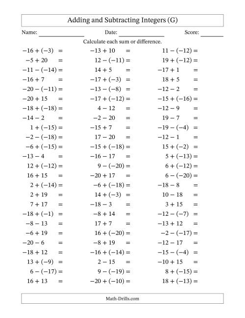 The Adding and Subtracting Mixed Integers from -20 to 20 (75 Questions) (G) Math Worksheet