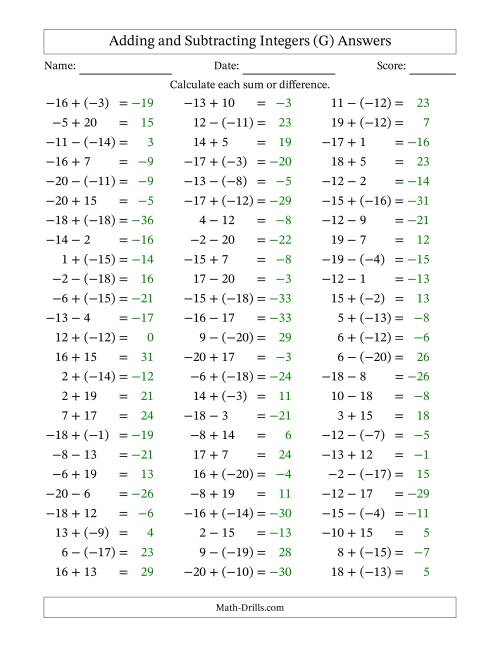 The Adding and Subtracting Mixed Integers from -20 to 20 (75 Questions) (G) Math Worksheet Page 2
