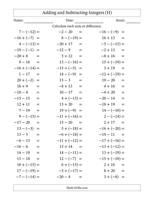 The Adding and Subtracting Mixed Integers from -20 to 20 (75 Questions) (H) Math Worksheet