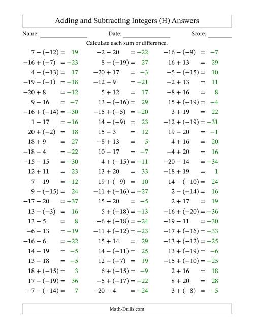 The Adding and Subtracting Mixed Integers from -20 to 20 (75 Questions) (H) Math Worksheet Page 2