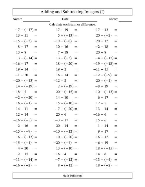 The Adding and Subtracting Mixed Integers from -20 to 20 (75 Questions) (I) Math Worksheet