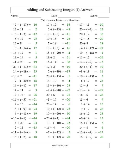 The Adding and Subtracting Mixed Integers from -20 to 20 (75 Questions) (I) Math Worksheet Page 2