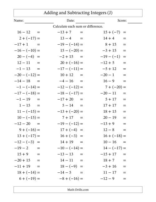 The Adding and Subtracting Mixed Integers from -20 to 20 (75 Questions) (J) Math Worksheet