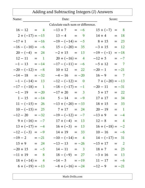 The Adding and Subtracting Mixed Integers from -20 to 20 (75 Questions) (J) Math Worksheet Page 2