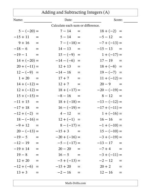 The Adding and Subtracting Mixed Integers from -20 to 20 (75 Questions) (All) Math Worksheet
