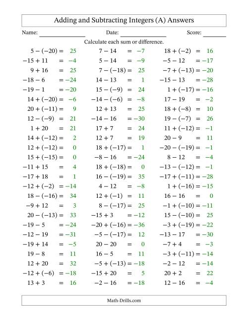 The Adding and Subtracting Mixed Integers from -20 to 20 (75 Questions) (All) Math Worksheet Page 2