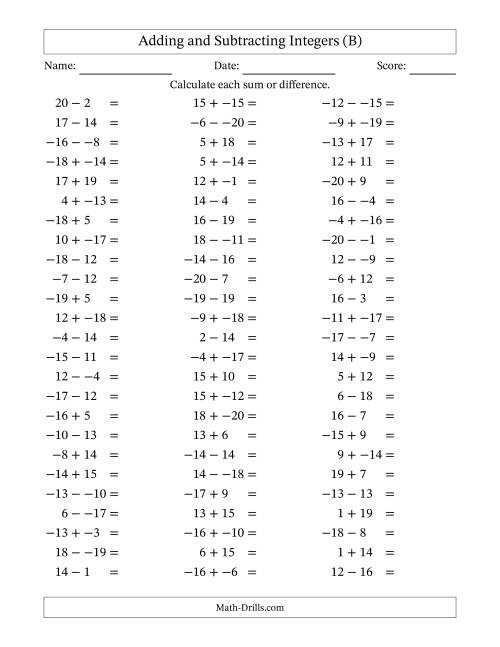 The Adding and Subtracting Mixed Integers from -20 to 20 (75 Questions; No Parentheses) (B) Math Worksheet