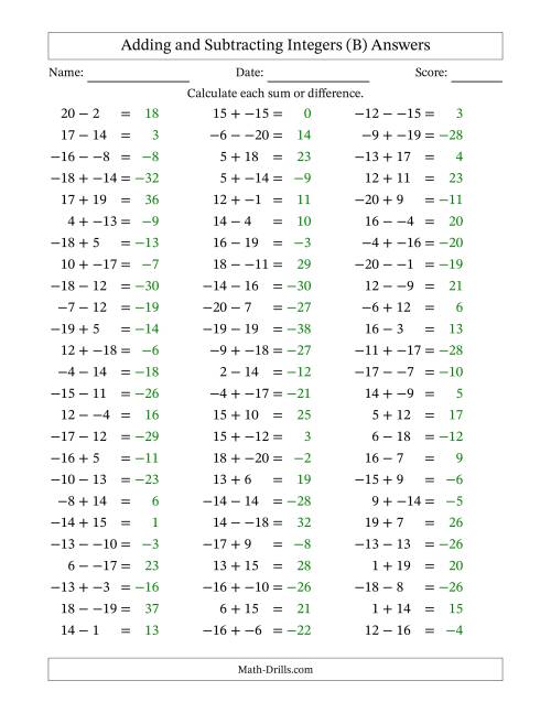 The Adding and Subtracting Mixed Integers from -20 to 20 (75 Questions; No Parentheses) (B) Math Worksheet Page 2