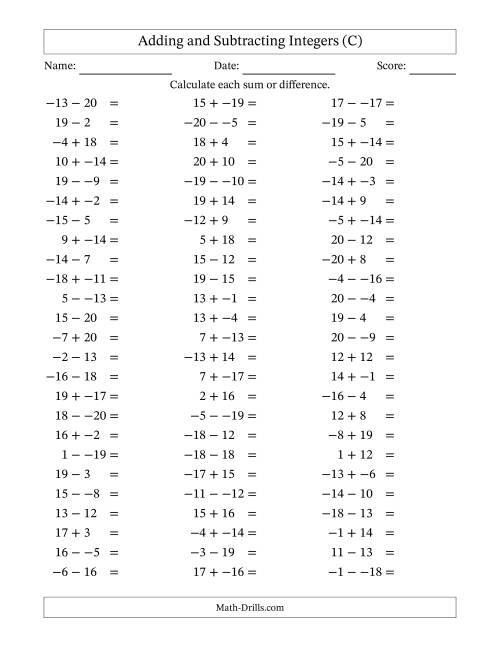 The Adding and Subtracting Mixed Integers from -20 to 20 (75 Questions; No Parentheses) (C) Math Worksheet