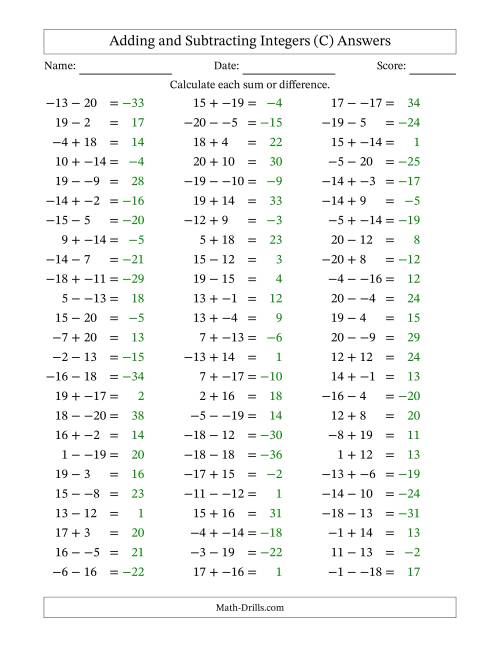 The Adding and Subtracting Mixed Integers from -20 to 20 (75 Questions; No Parentheses) (C) Math Worksheet Page 2