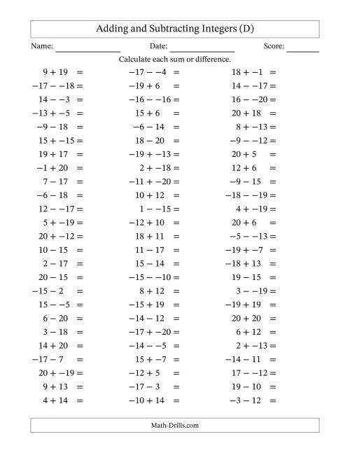 The Adding and Subtracting Mixed Integers from -20 to 20 (75 Questions; No Parentheses) (D) Math Worksheet