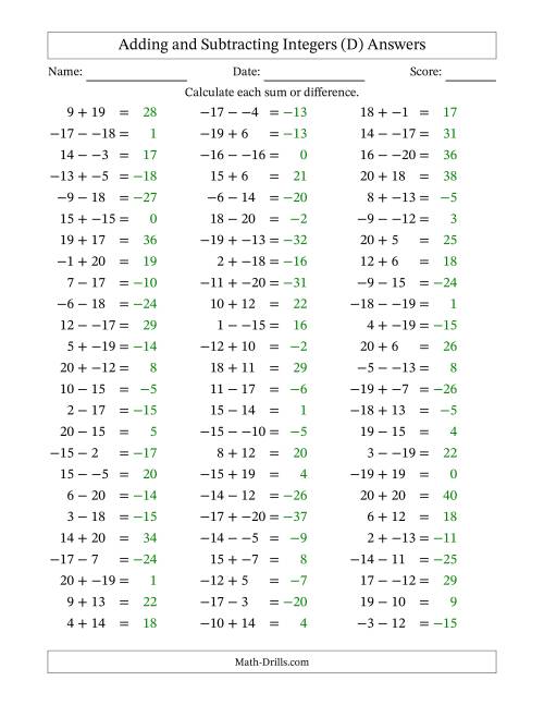 The Adding and Subtracting Mixed Integers from -20 to 20 (75 Questions; No Parentheses) (D) Math Worksheet Page 2