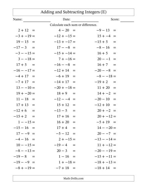 The Adding and Subtracting Mixed Integers from -20 to 20 (75 Questions; No Parentheses) (E) Math Worksheet