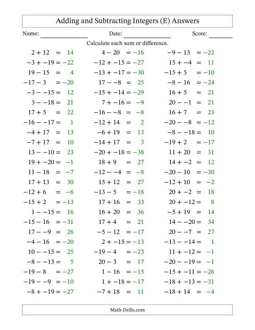 The Adding and Subtracting Mixed Integers from -20 to 20 (75 Questions; No Parentheses) (E) Math Worksheet Page 2