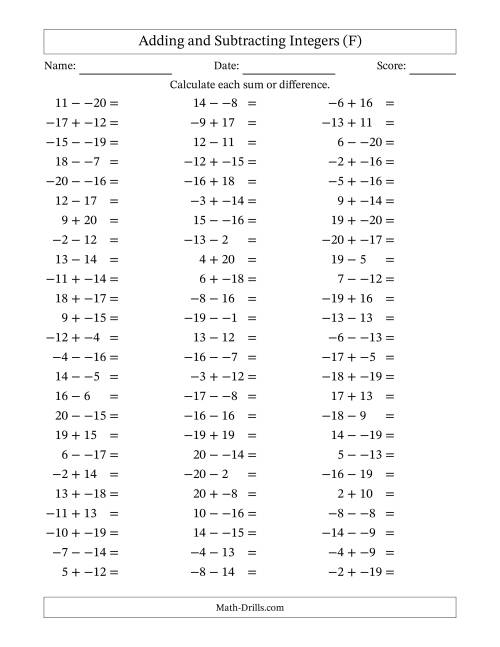 The Adding and Subtracting Mixed Integers from -20 to 20 (75 Questions; No Parentheses) (F) Math Worksheet