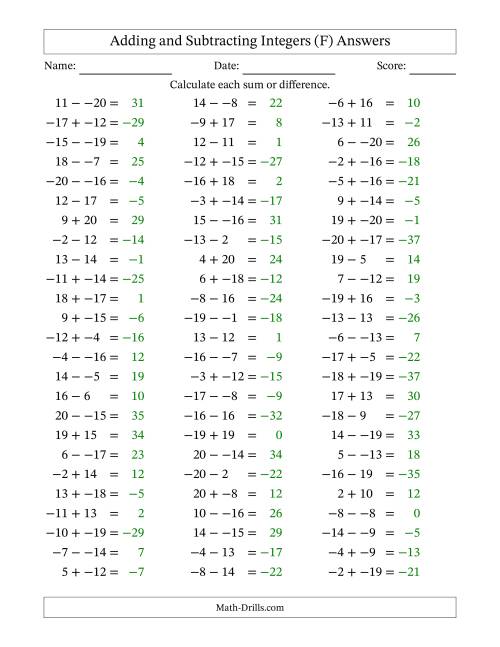 The Adding and Subtracting Mixed Integers from -20 to 20 (75 Questions; No Parentheses) (F) Math Worksheet Page 2