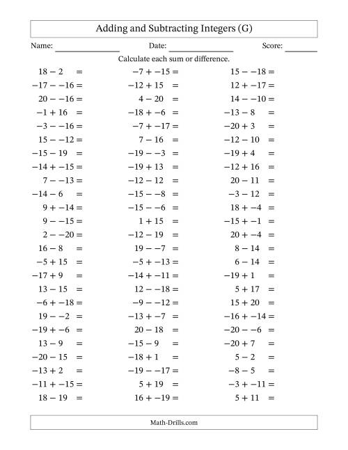 The Adding and Subtracting Mixed Integers from -20 to 20 (75 Questions; No Parentheses) (G) Math Worksheet