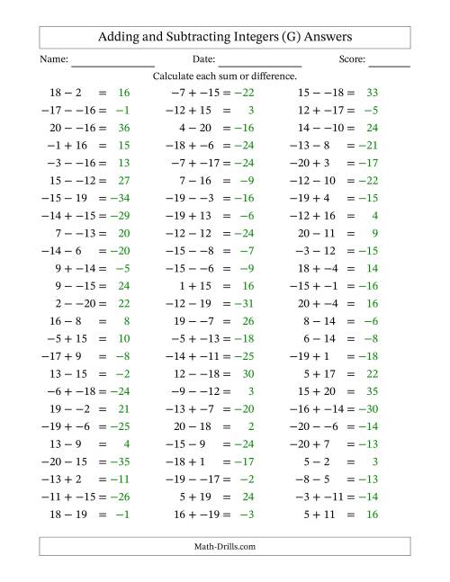 The Adding and Subtracting Mixed Integers from -20 to 20 (75 Questions; No Parentheses) (G) Math Worksheet Page 2
