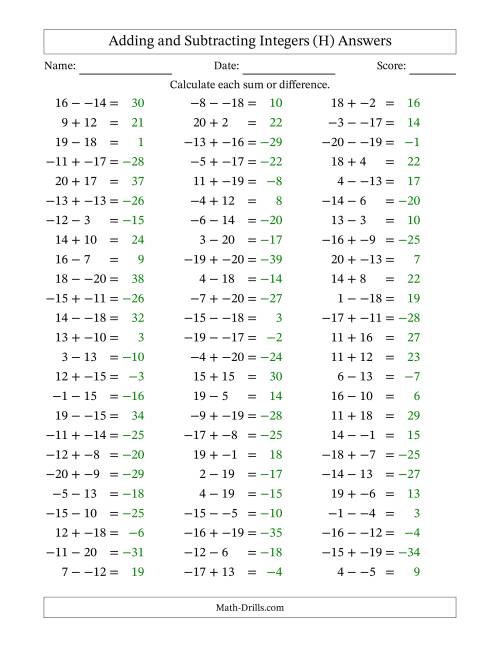 The Adding and Subtracting Mixed Integers from -20 to 20 (75 Questions; No Parentheses) (H) Math Worksheet Page 2