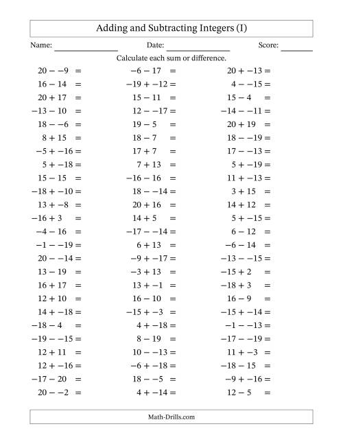 The Adding and Subtracting Mixed Integers from -20 to 20 (75 Questions; No Parentheses) (I) Math Worksheet