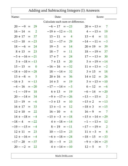 The Adding and Subtracting Mixed Integers from -20 to 20 (75 Questions; No Parentheses) (I) Math Worksheet Page 2