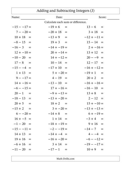 The Adding and Subtracting Mixed Integers from -20 to 20 (75 Questions; No Parentheses) (J) Math Worksheet