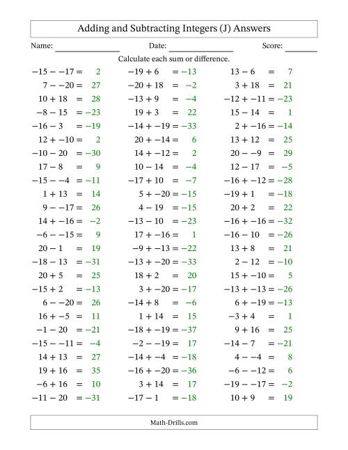 The Adding and Subtracting Mixed Integers from -20 to 20 (75 Questions; No Parentheses) (J) Math Worksheet Page 2