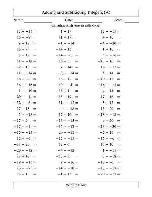 The Adding and Subtracting Mixed Integers from -20 to 20 (75 Questions; No Parentheses) (All) Math Worksheet