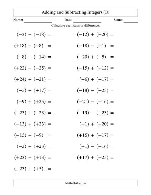 The Adding and Subtracting Mixed Integers from -25 to 25 (25 Questions; Large Print; All Parentheses) (B) Math Worksheet