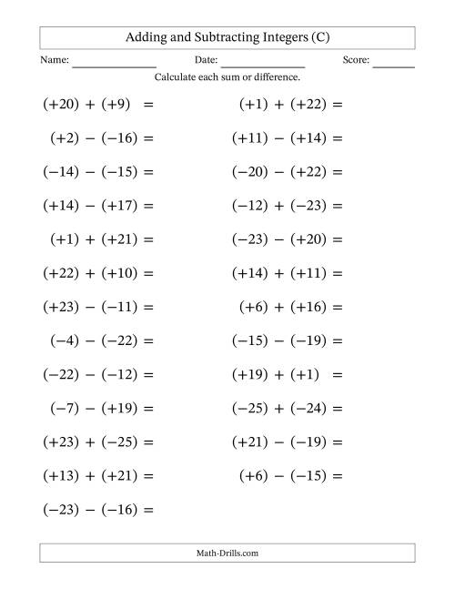 The Adding and Subtracting Mixed Integers from -25 to 25 (25 Questions; Large Print; All Parentheses) (C) Math Worksheet