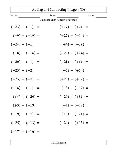 The Adding and Subtracting Mixed Integers from -25 to 25 (25 Questions; Large Print; All Parentheses) (D) Math Worksheet
