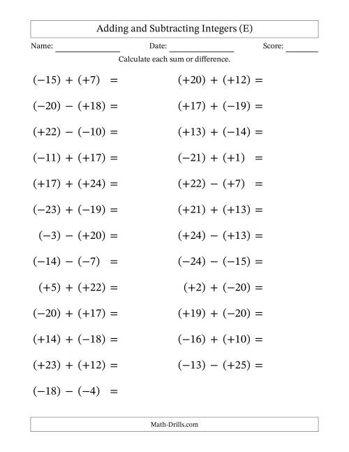 The Adding and Subtracting Mixed Integers from -25 to 25 (25 Questions; Large Print; All Parentheses) (E) Math Worksheet