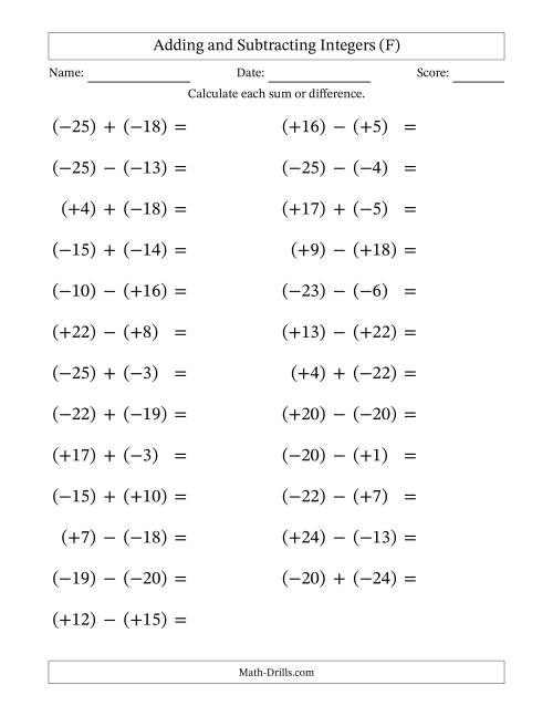 The Adding and Subtracting Mixed Integers from -25 to 25 (25 Questions; Large Print; All Parentheses) (F) Math Worksheet