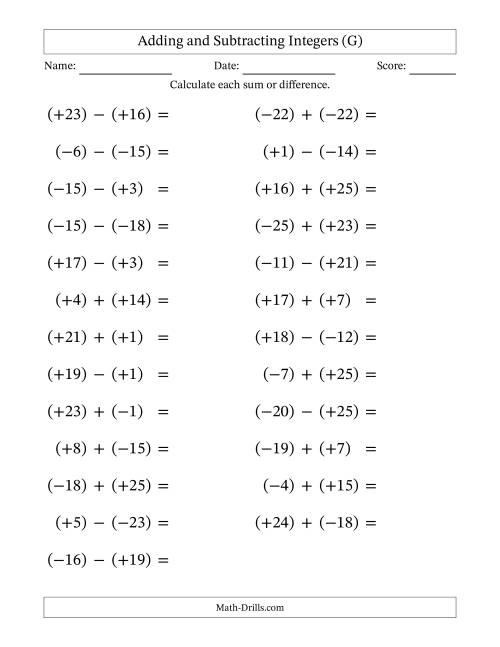 The Adding and Subtracting Mixed Integers from -25 to 25 (25 Questions; Large Print; All Parentheses) (G) Math Worksheet