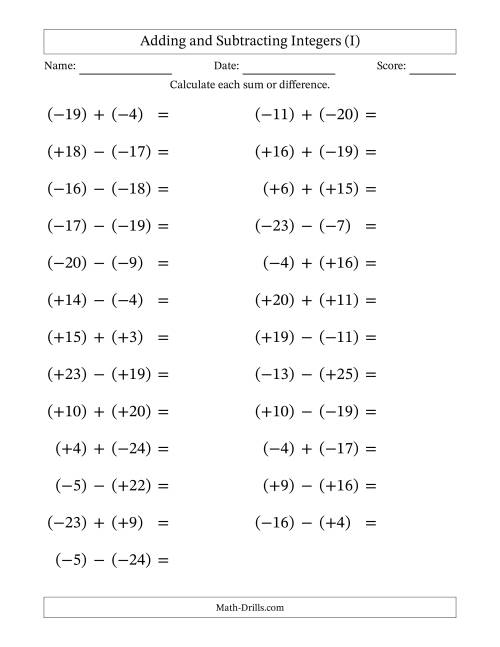 The Adding and Subtracting Mixed Integers from -25 to 25 (25 Questions; Large Print; All Parentheses) (I) Math Worksheet